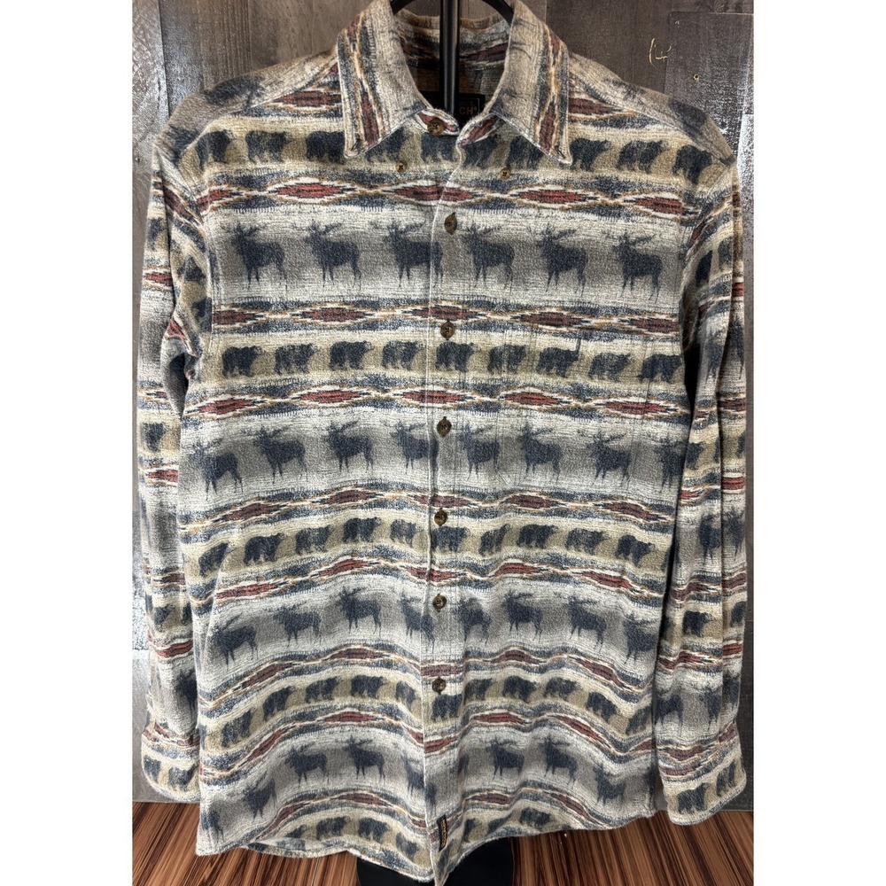 Woolrich Mens M Moose Bear Wildlife Print Button Down Flannel Shirt Outdoor